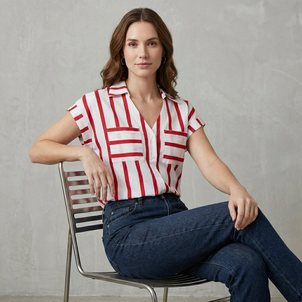 Women’s striped V-neck summer blouse by Christine Brewer, worn by a model, featuring lightweight fabric and stylish design.