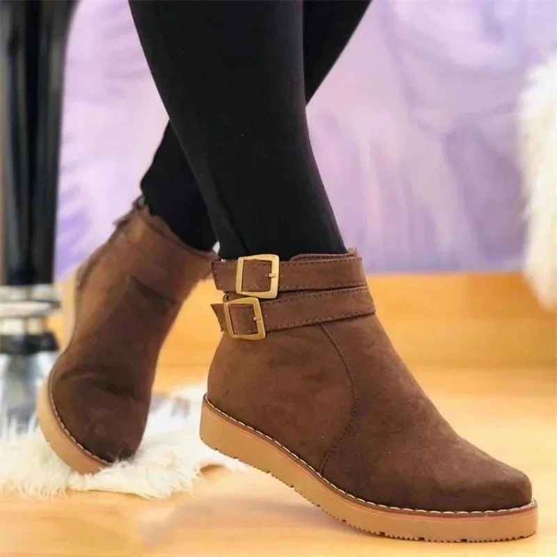 Claire | Ankle Boots, Women, Double Buckle, Flat Sole, Casual, Fall, Winter, Booties, Round Toe,