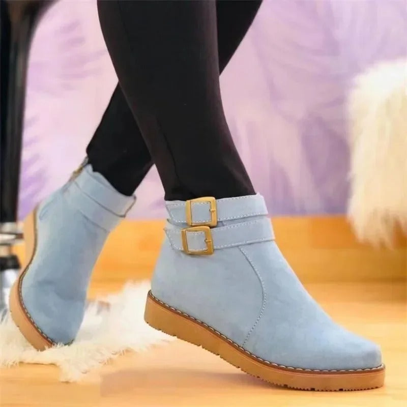 Claire | Ankle Boots, Women, Double Buckle, Flat Sole, Casual, Fall, Winter, Booties, Round Toe,