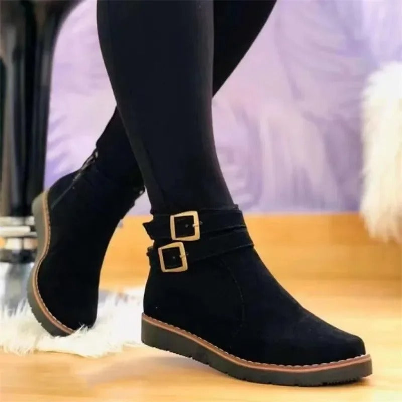 Claire | Ankle Boots, Women, Double Buckle, Flat Sole, Casual, Fall, Winter, Booties, Round Toe,