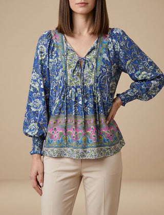 Navy blue floral long sleeve linen summer blouse for women by Christine Brewer, stylish and breathable for warm weather.
