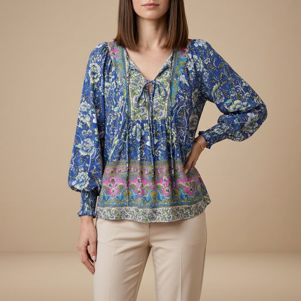 Navy blue floral long sleeve linen summer blouse for women by Christine Brewer, stylish and breathable for warm weather.