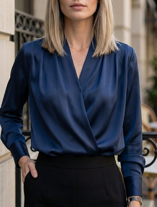 Navy blue satin summer blouse for women with V-neck and long sleeves, casual stylish top by Christine Brewer.