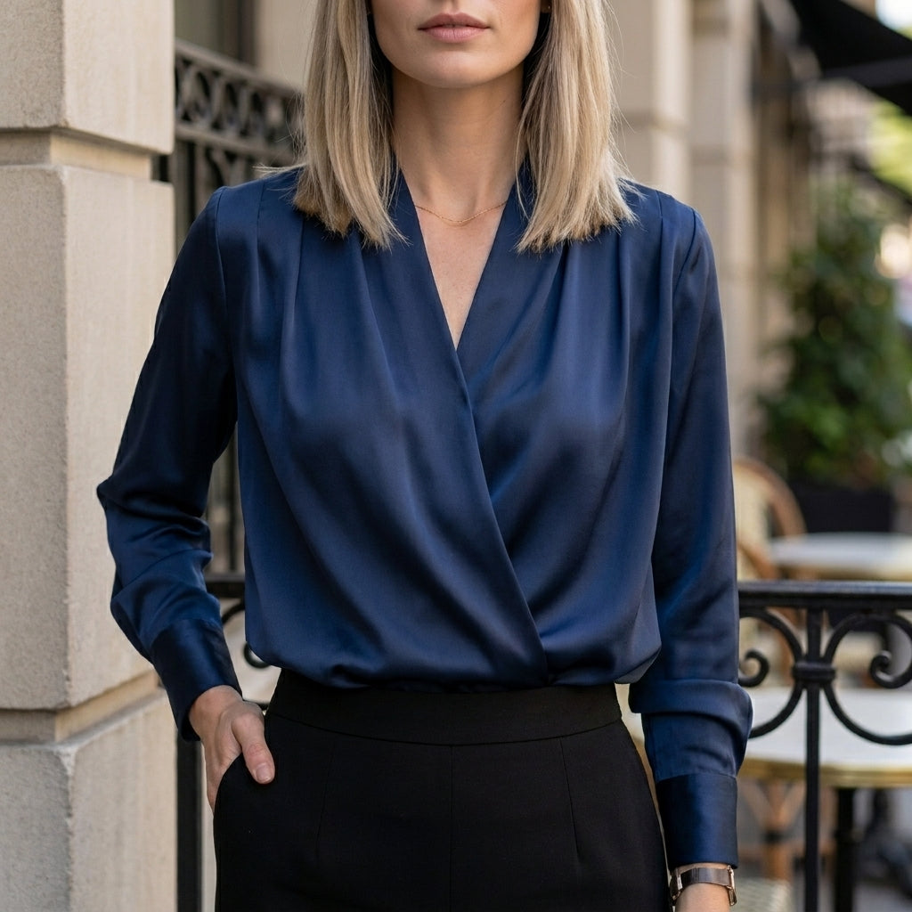 Navy blue satin summer blouse for women with V-neck and long sleeves, casual stylish top by Christine Brewer.