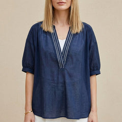 Navy blue women's summer blouse with V-neck and puff sleeves, stylish top by Christine Brewer, perfect for warm weather.