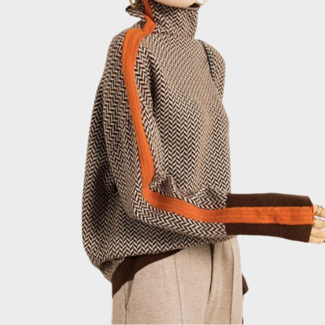 Nienke Huiswerk wearing the Sofia turtleneck sweater for women from Christine Brewer's #1752 Collection, featuring a cozy, fitted design.