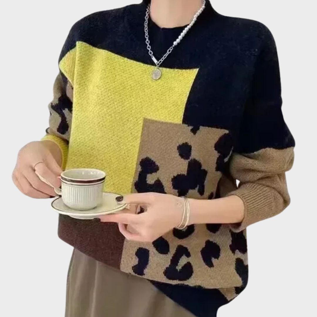 Heather leopard print graphic sweater for women by Christine Brewer, featuring a cozy knit with bold animal print design.