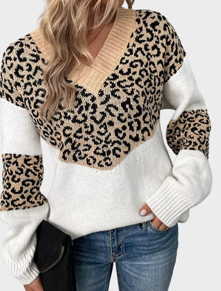 Nienke Huiswerk wearing the Hailey V-neck leopard print sweater for women by Christine Brewer, showcasing the stylish animal print design.