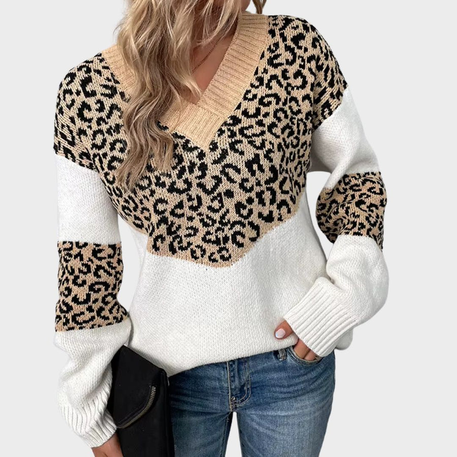 Nienke Huiswerk wearing the Hailey V-neck leopard print sweater for women by Christine Brewer, showcasing the stylish animal print design.