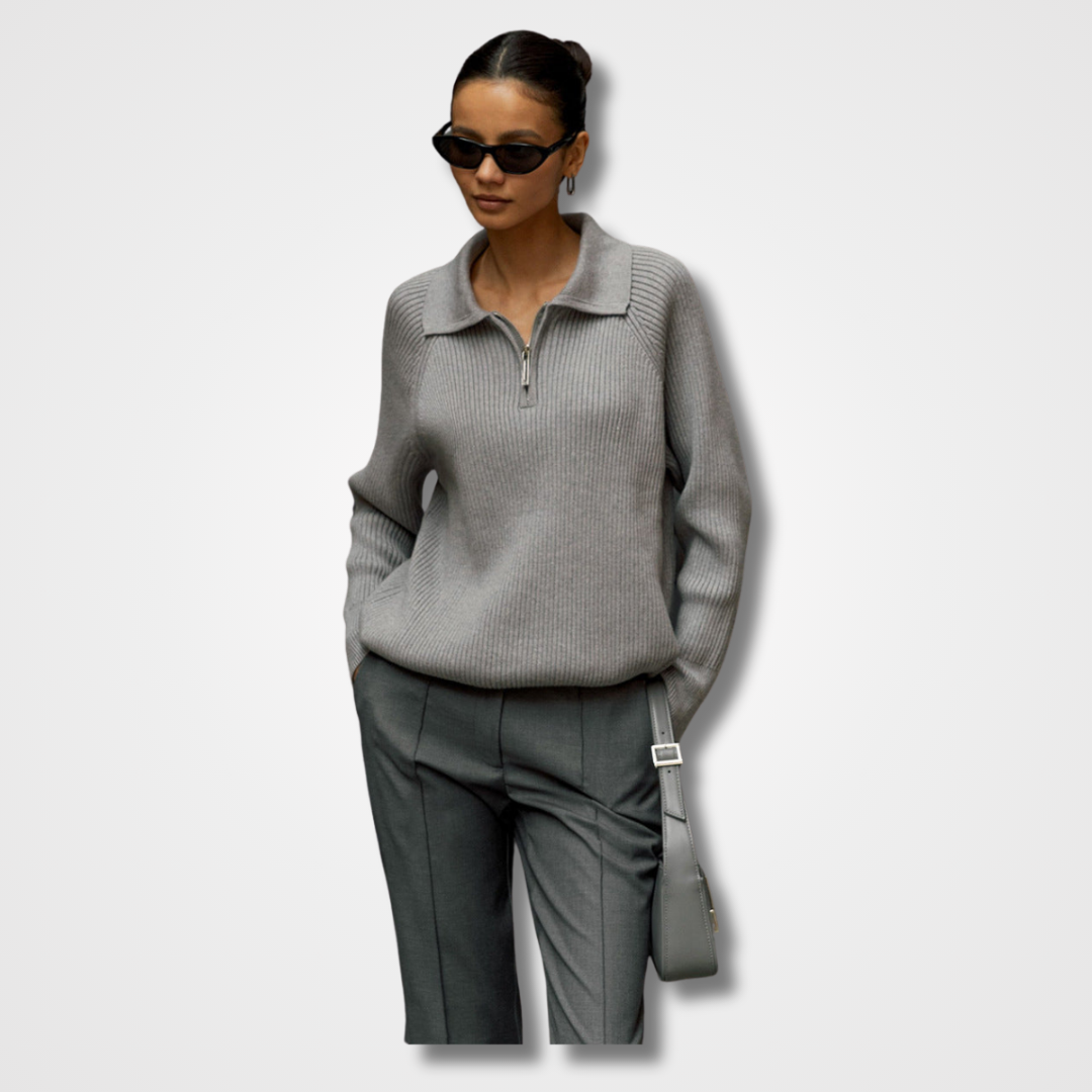 Nienke Huiswerk wearing the Jane knit sweater for women by Christine Brewer, featuring a cozy, textured knit in a neutral color.