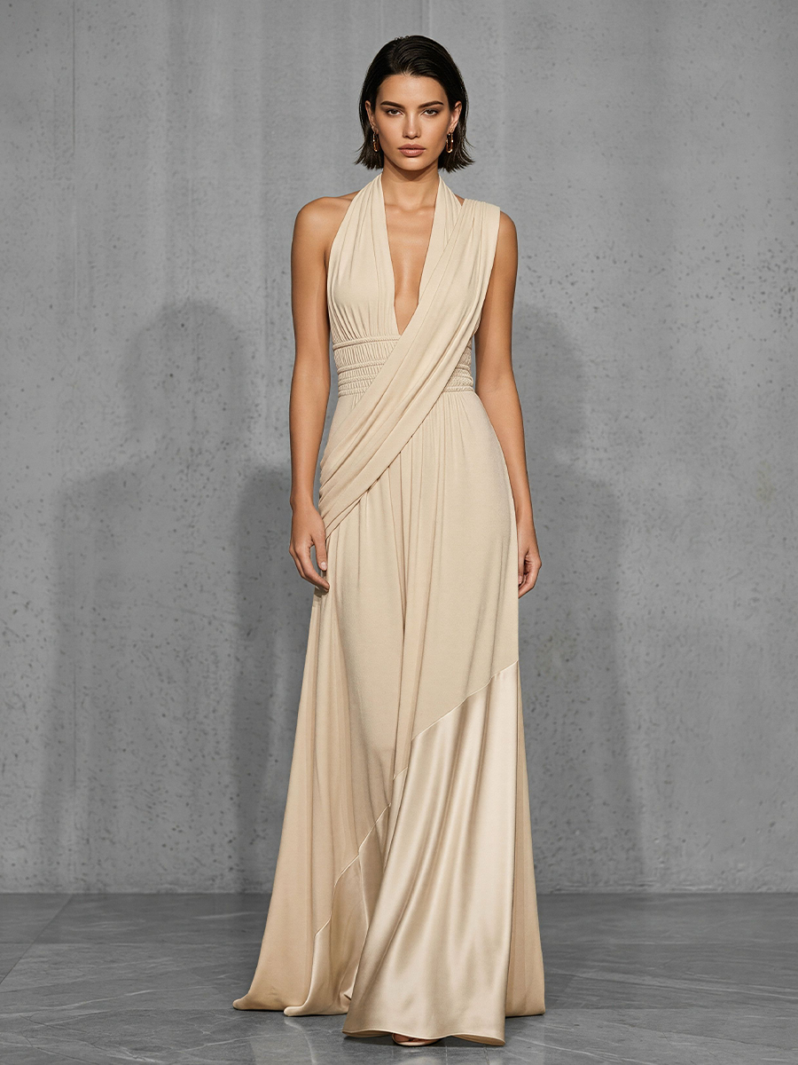 Nude satin evening dress by Christine Brewer featuring a sleek, elegant fit and smooth fabric for formal occasions.