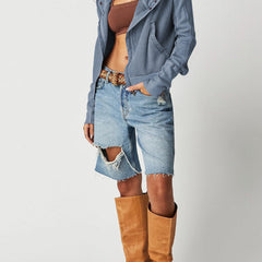 Mia cropped hooded hoodie for women by Christine Brewer, featuring a relaxed fit and adjustable drawstring hood.