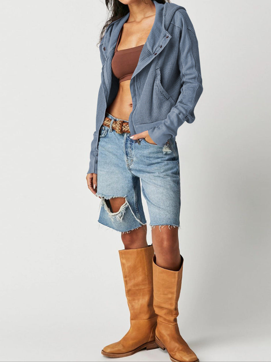 Mia cropped hooded hoodie for women by Christine Brewer, featuring a relaxed fit and adjustable drawstring hood.