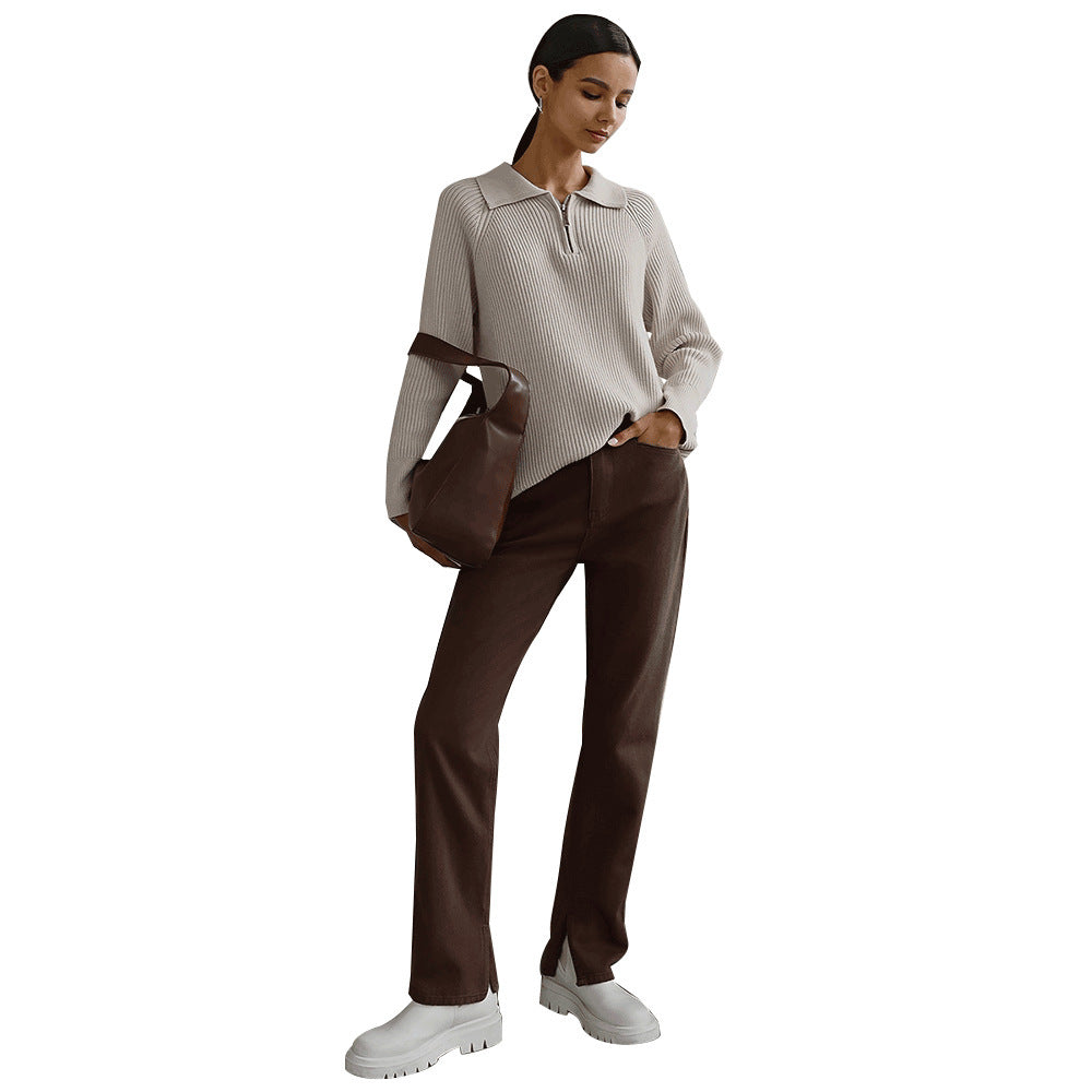 Cream-colored knit sweater for women by Christine Brewer, featuring a cozy, textured design and a relaxed fit.
