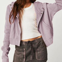 Christine Brewer Mia cropped hooded hoodie for women, showing the navy blue, lightweight hoodie with a drawstring hood and relaxed fit.