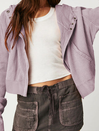 Christine Brewer Mia cropped hooded hoodie for women, showing the navy blue, lightweight hoodie with a drawstring hood and relaxed fit.