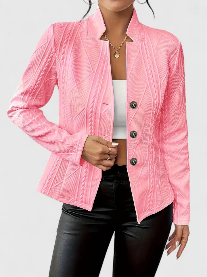 Christine Brewer Maurelle elegant jacket in neutral fabric with tailored fit and stylish collar, displayed on a hanger.