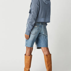 Mia cropped hooded hoodie for women by Christine Brewer, shown in soft fabric with front pocket and adjustable drawstring hood.