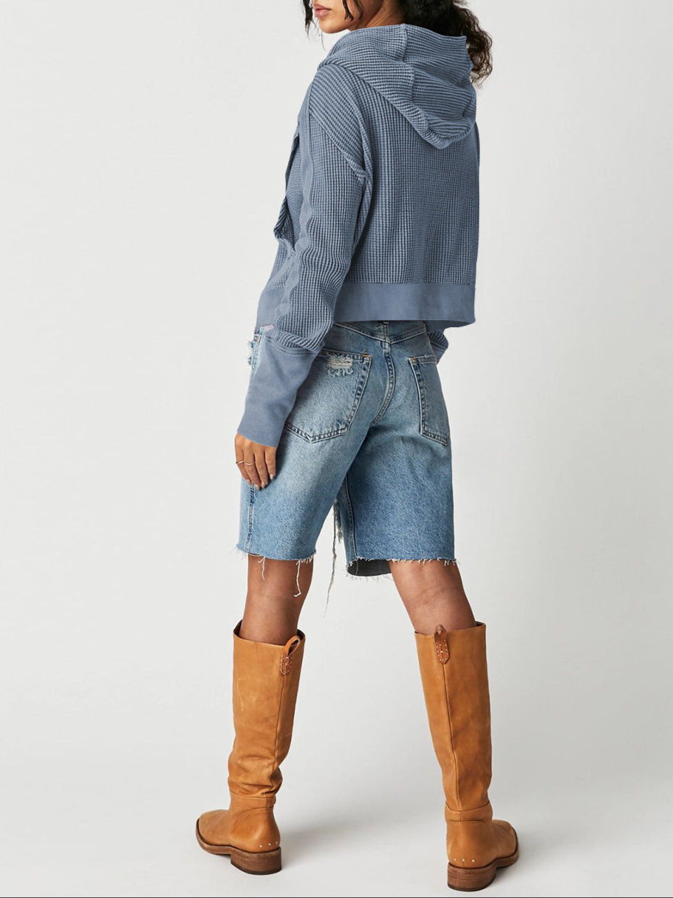 Mia cropped hooded hoodie for women by Christine Brewer, shown in soft fabric with front pocket and adjustable drawstring hood.