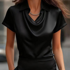 Light blue summer blouse for women by Christine Brewer featuring a stylish cowl neck and short sleeves, perfect for warm weather.
