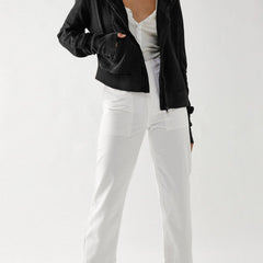 Mia cropped hooded hoodie for women by Christine Brewer, shown in soft fabric with a front pocket and adjustable drawstrings.