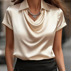 Light beige summer blouse for women with a cowl neck and short sleeves, stylish top by Christine Brewer.