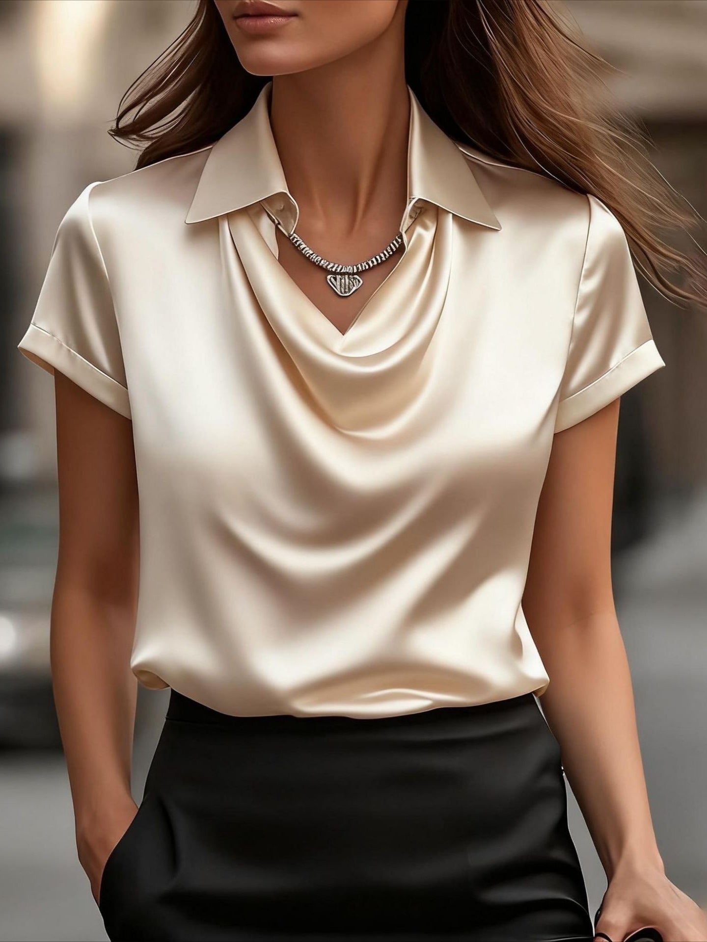 Light beige summer blouse for women with a cowl neck and short sleeves, stylish top by Christine Brewer.