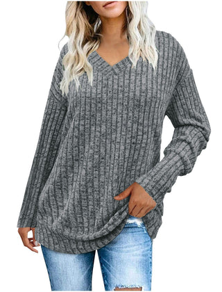 Susanna oversized V-neck sweater for women by Christine Brewer, shown in soft knit fabric, styled with a relaxed fit and long sleeves.