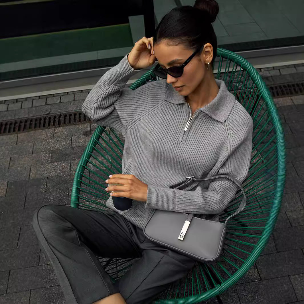 Jane knit sweater for women by Christine Brewer, featuring a cozy, textured knit design in a neutral color.
