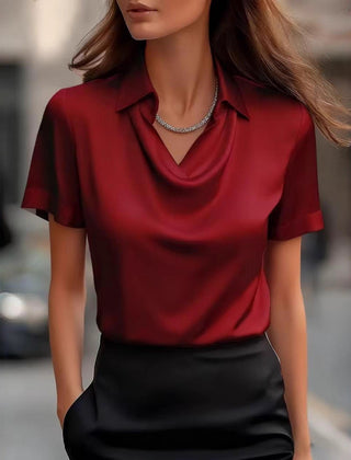 Light blue summer blouse for women with a cowl neck and short sleeves from Christine Brewer, stylish and comfortable top.