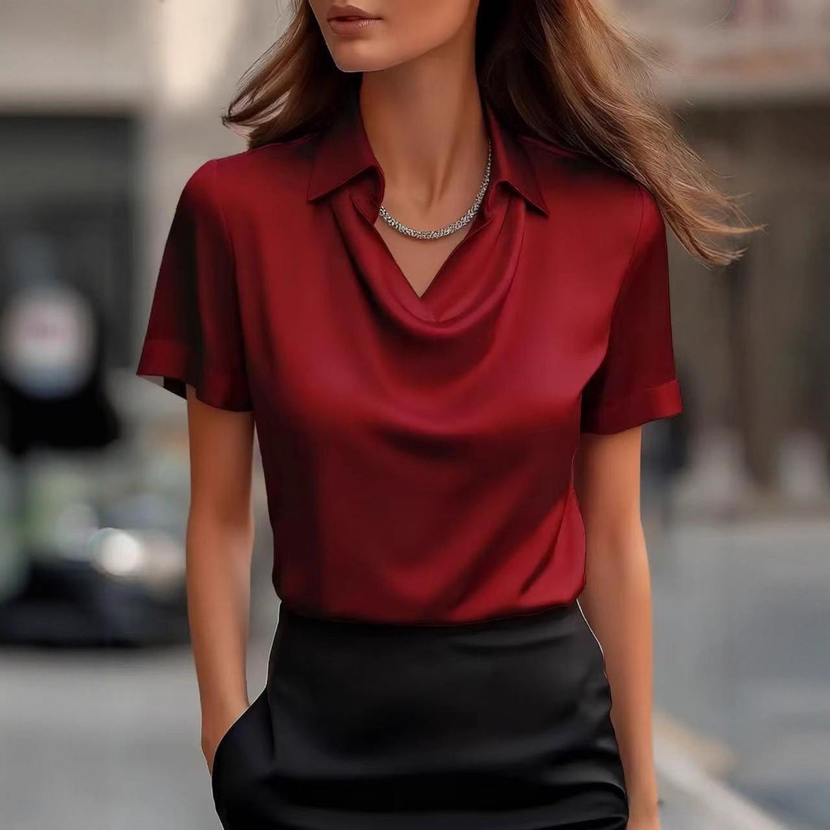 Light blue summer blouse for women with a cowl neck and short sleeves from Christine Brewer, stylish and comfortable top.