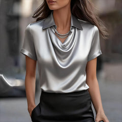 Light blue summer blouse for women with cowl neck and short sleeves, stylish top from Christine Brewer.