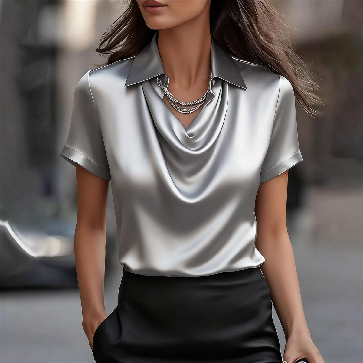 Light blue summer blouse for women with cowl neck and short sleeves, stylish top from Christine Brewer.