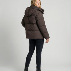 Back view of Christine Brewer Penelope oversized puffer jacket for women, stylishly designed with a quilted, warm, and padded silhouette.
