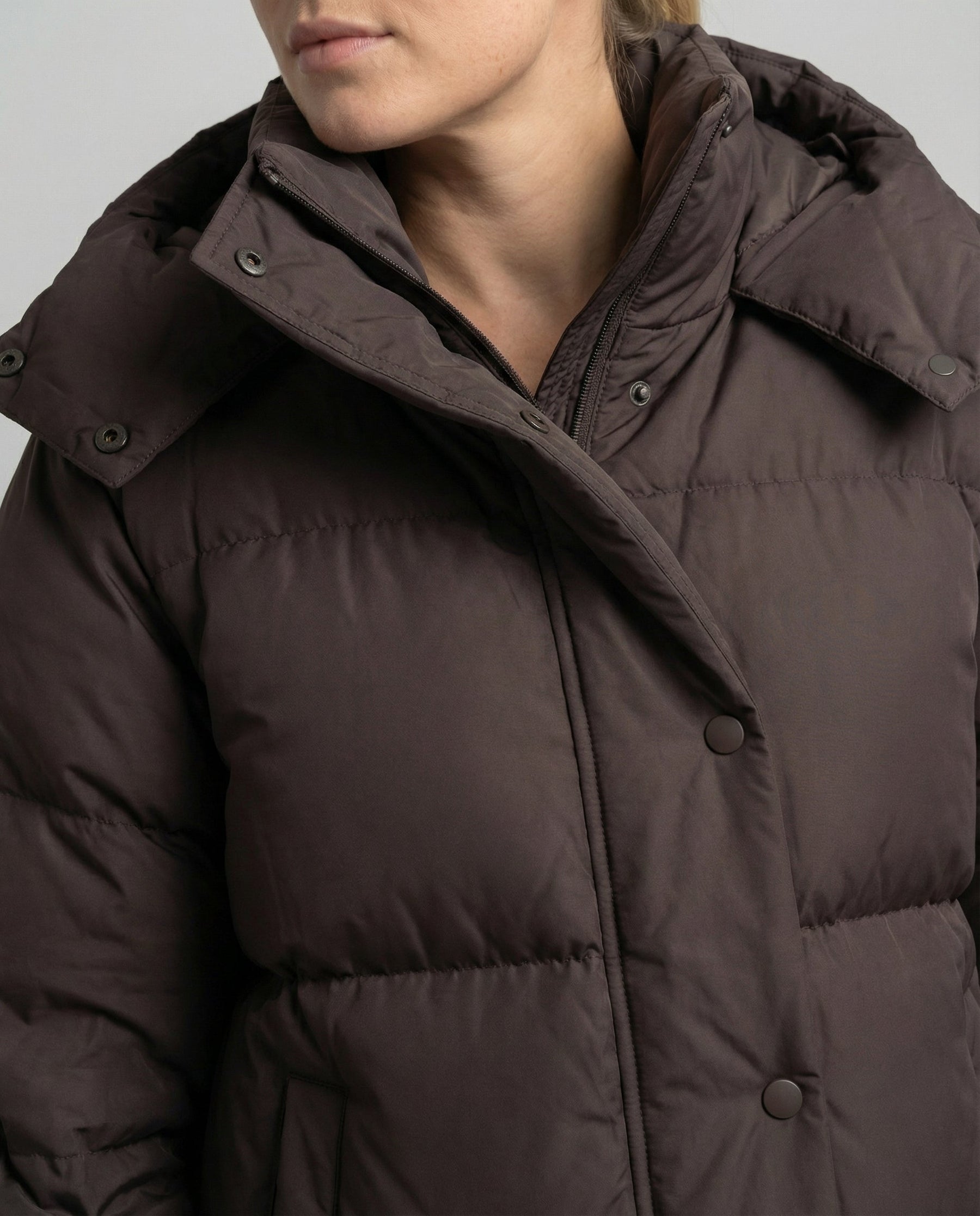 Close-up of Christine Brewer Penelope oversized puffer jacket for women, featuring quilted design and high-quality fabric.