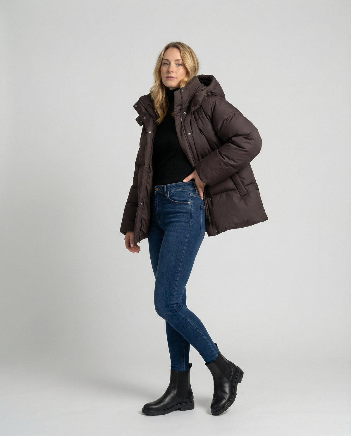 Christine Brewer Penelope oversized puffer jacket for women, full-body front view, stylish and warm winter outerwear.