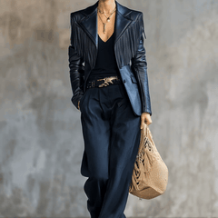 Black faux leather blazer with tassel accents, notch lapel, from Christine Brewer's Jackets and Blazers collection.