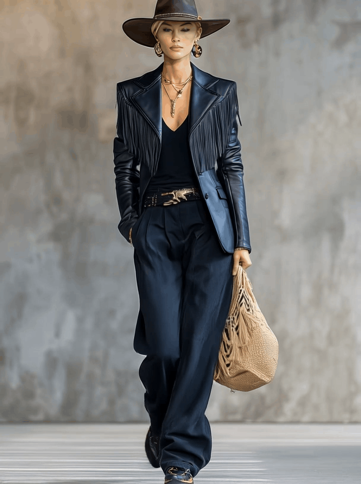 Black faux leather blazer with tassel accents, notch lapel, from Christine Brewer's Jackets and Blazers collection.