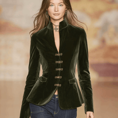 Dark green velvet blazer for women with gold button details, stylish jacket from Christine Brewer, featuring a tailored fit.