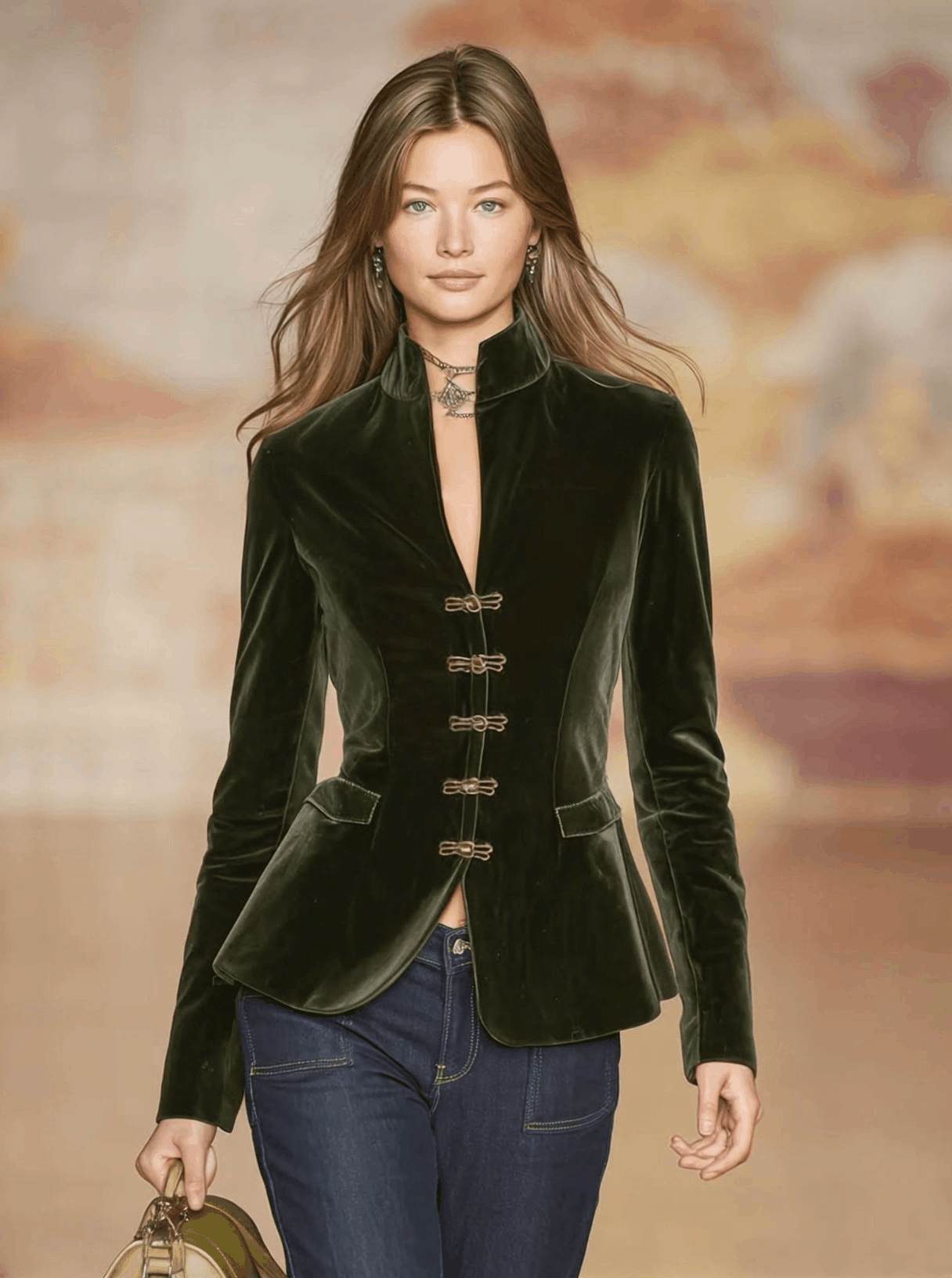 Dark green velvet blazer for women with gold button details, stylish jacket from Christine Brewer, featuring a tailored fit.