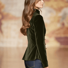 Dark green velvet blazer for women with gold buttons, stylish jacket from Christine Brewer, featuring a tailored fit and elegant design.