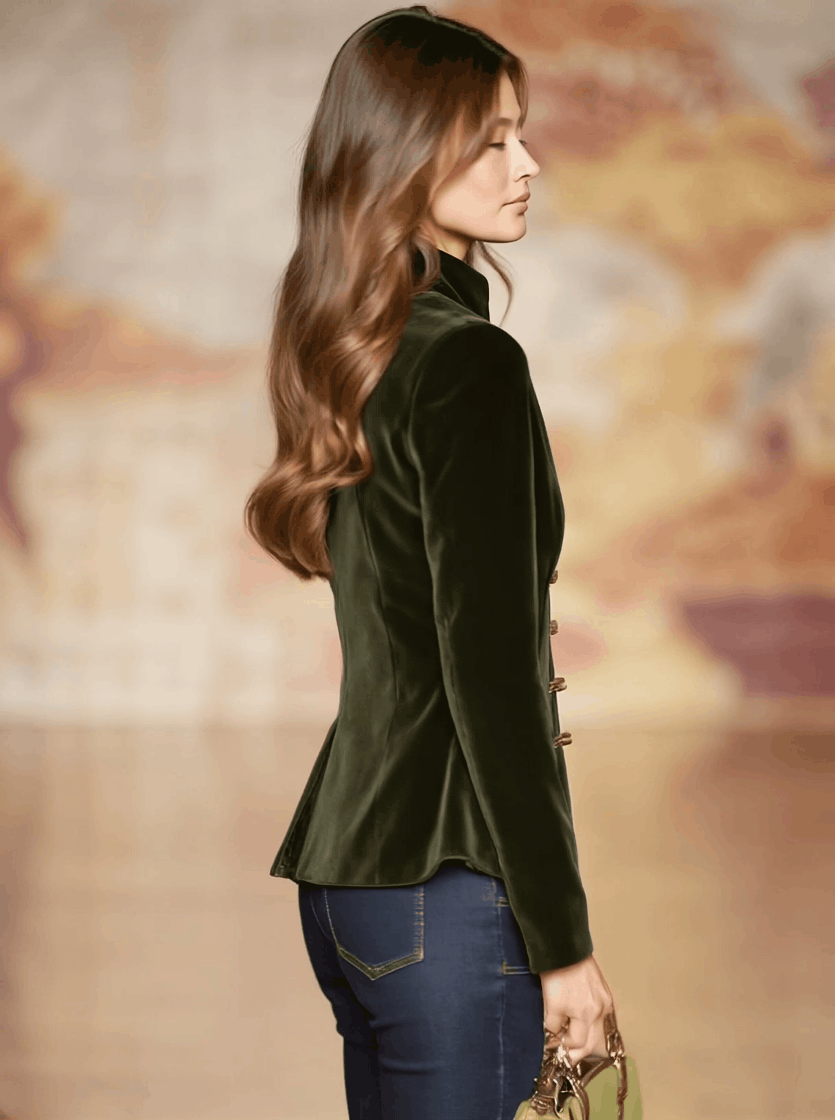 Dark green velvet blazer for women with gold buttons, stylish jacket from Christine Brewer, featuring a tailored fit and elegant design.