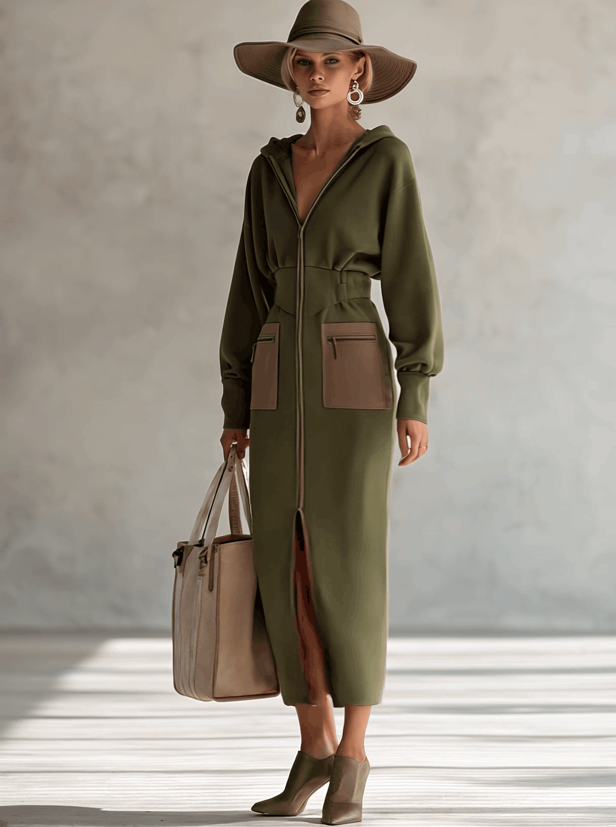 Green long sleeve maxi dress by Christine Brewer, elegant evening dress with flowing fabric and fitted bodice.