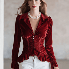 Red velvet pleated ruffled long sleeve blouse by Christine Brewer, featuring elegant design and detailed ruffle accents.