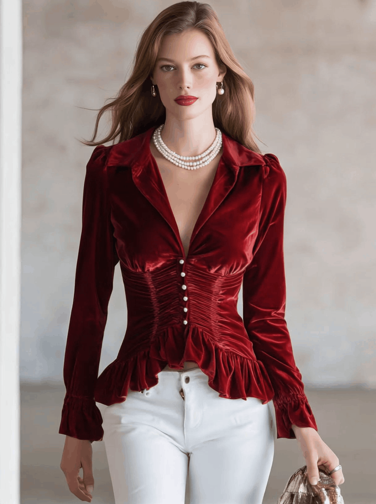 Red velvet pleated ruffled long sleeve blouse by Christine Brewer, featuring elegant design and detailed ruffle accents.
