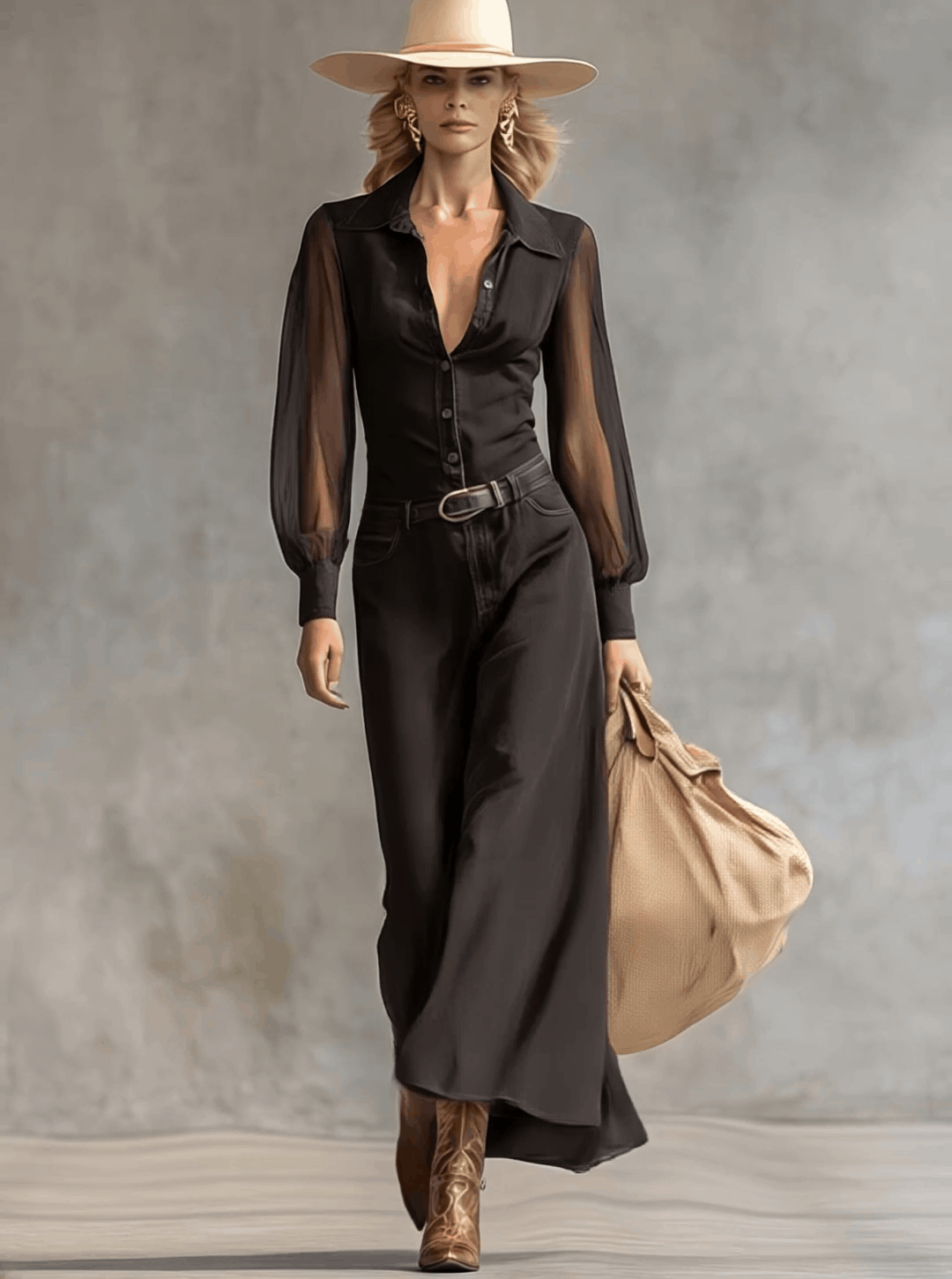 Black denim V-neck maxi dress by Christine Brewer, casual style with flowing silhouette, displayed on a hanger.
