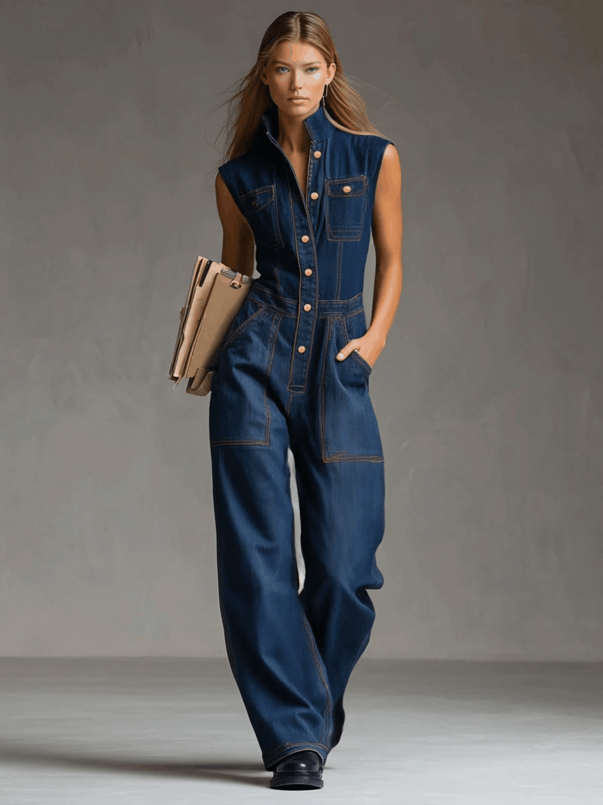 Dark blue denim sleeveless balloon jumpsuit with multiple pockets, designed for women by Christine Brewer.