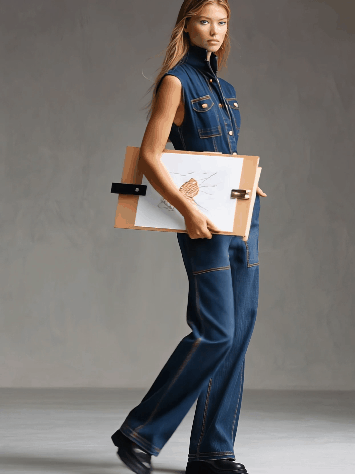 Dark blue denim sleeveless balloon jumpsuit with multiple pockets and wide-leg pants, designed for women by Christine Brewer.