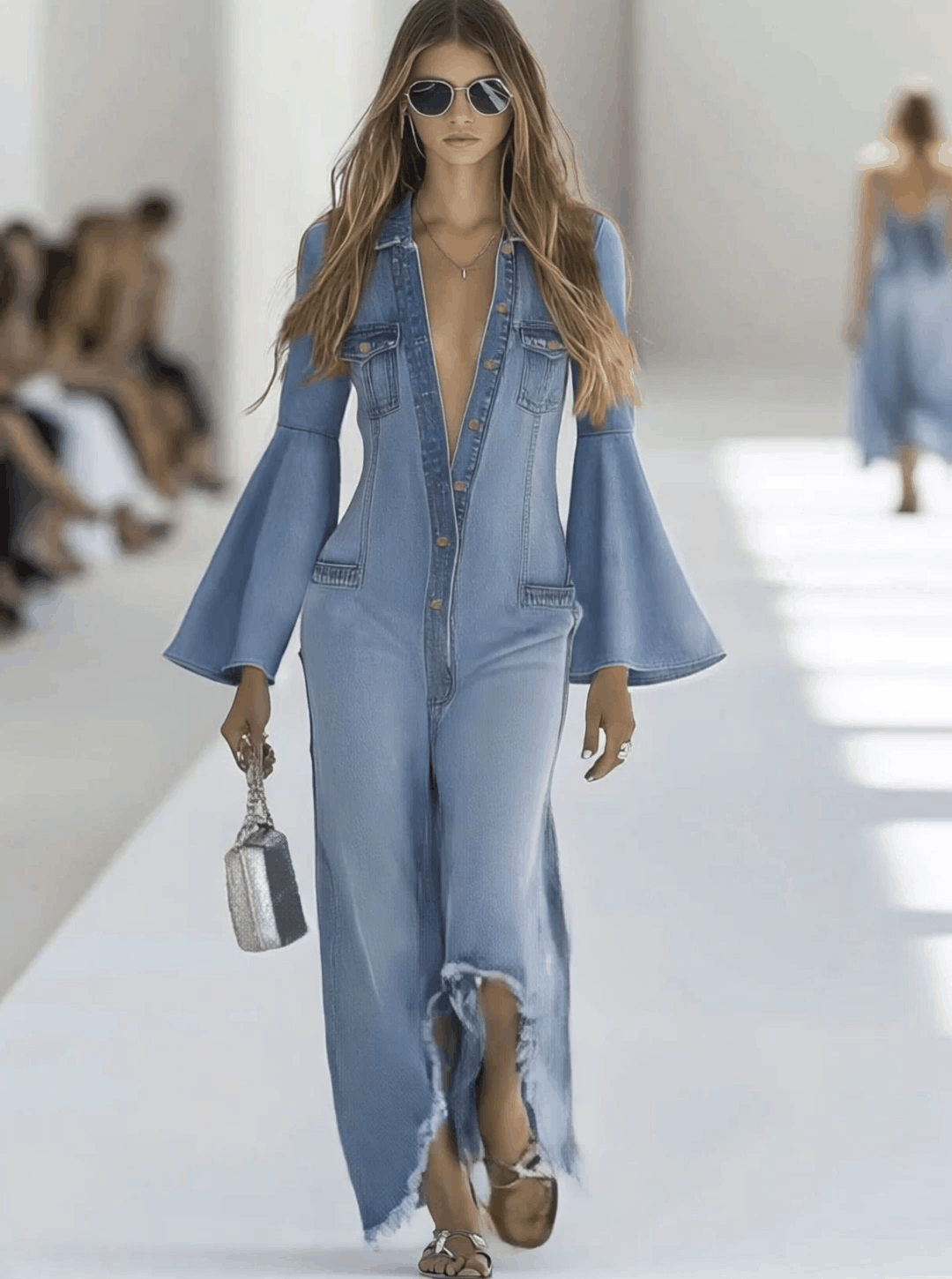 Light blue denim flared long sleeve wide-leg jumpsuit for women by Christine Brewer, shown with full-length view.