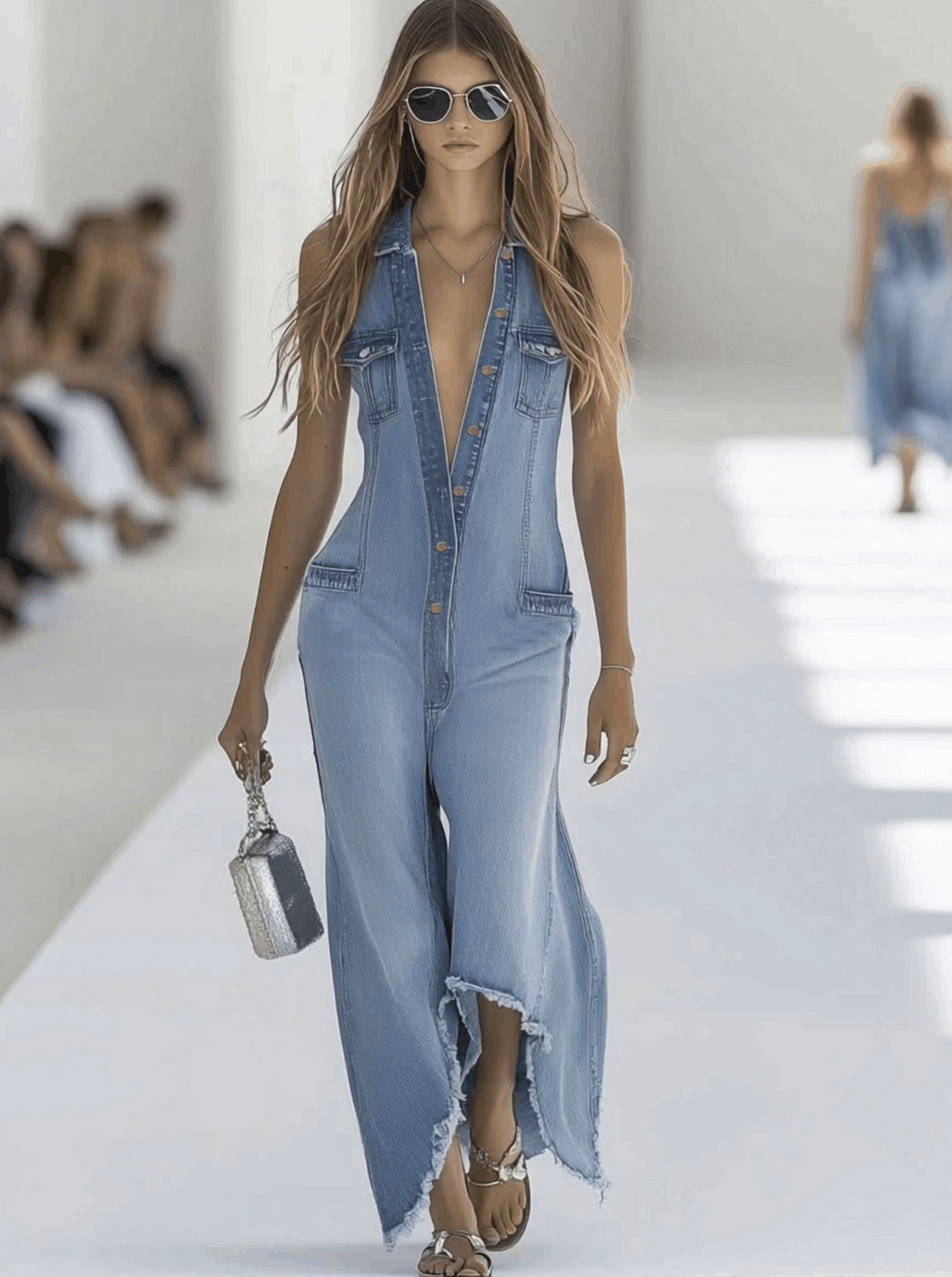 Light blue denim sleeveless wide-leg jumpsuit with raw edges for women by Christine Brewer, shown on a hanger.